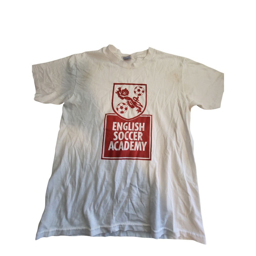 Vintage Hanes English Soccer Academy T-Shirt White Red Lion Crest Mens Medium